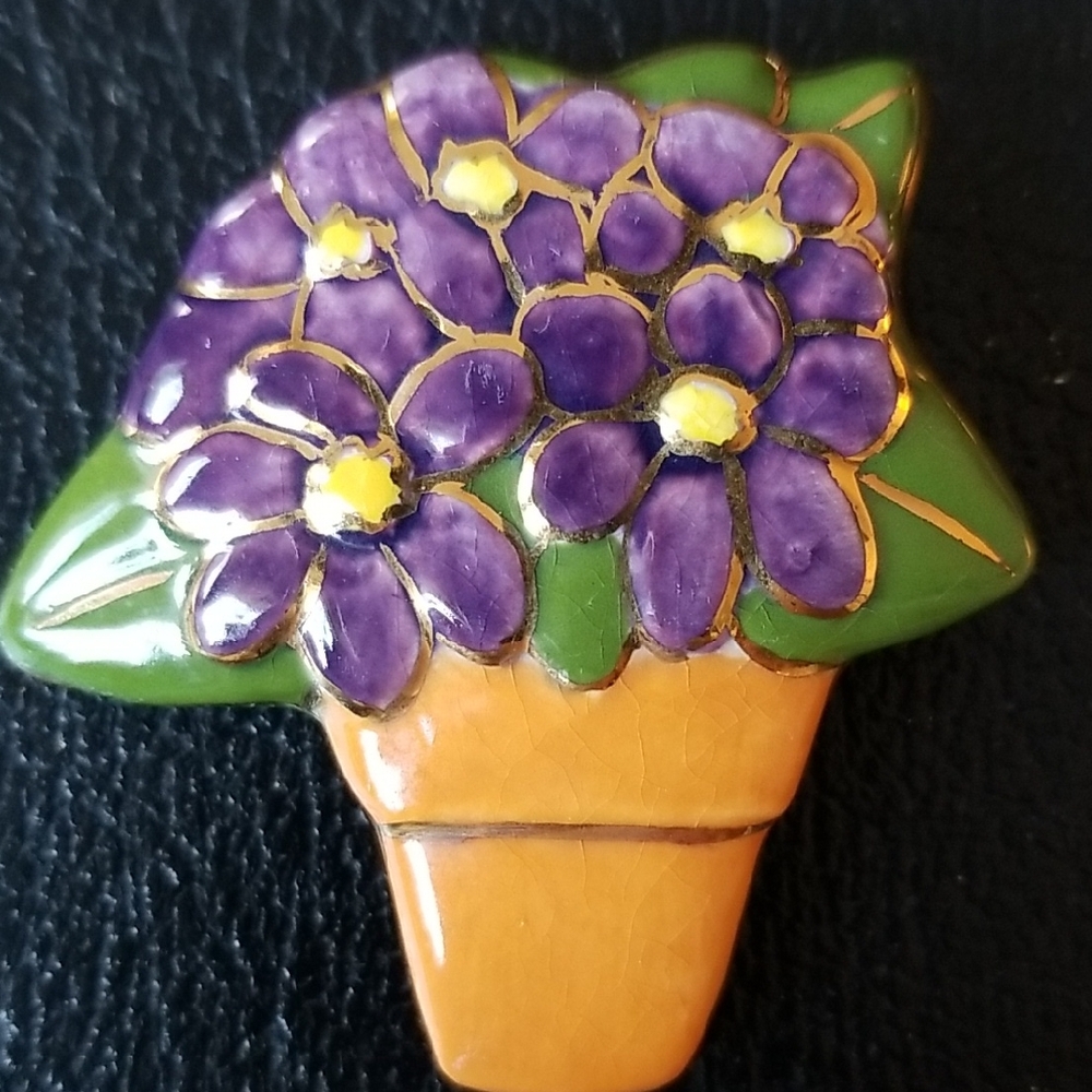 Purple Ceramic Flower Brooch with Orange Pot